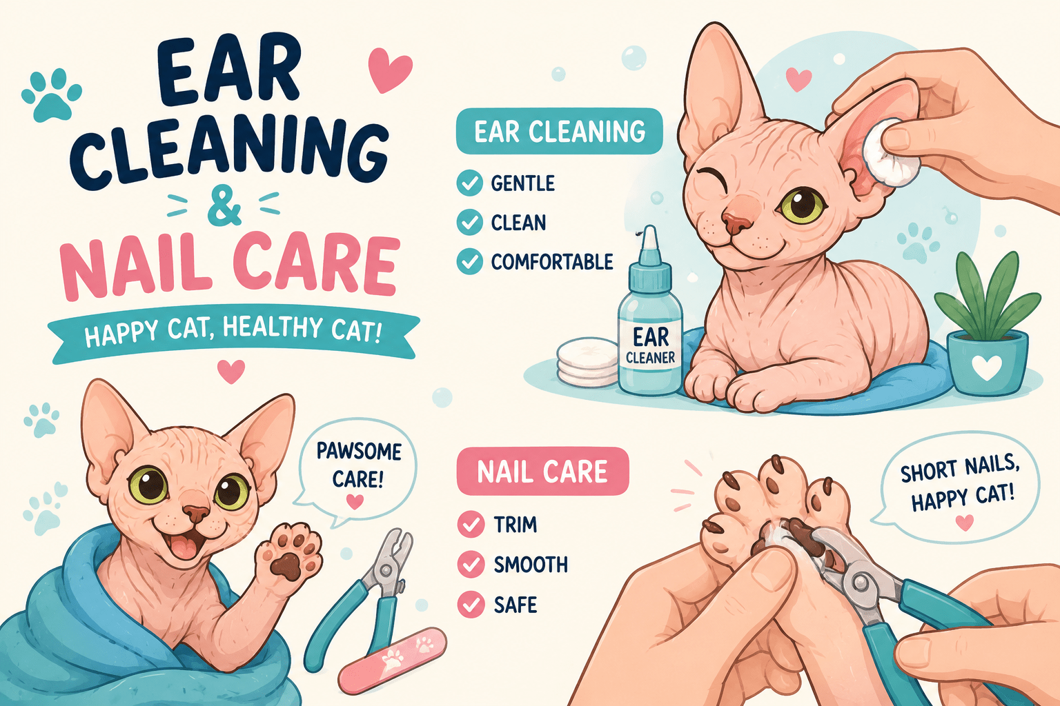 Born Bold Cats cartoon image of cat having its nails and ears cleaned
